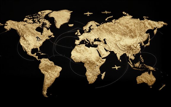 Golden world map on black background, featuring airplanes and dotted flight paths.