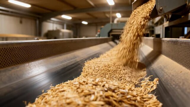 Medium shot of bran and germ flowing through a conveyor system destined for animal feed production in an industrial waste recovery facility.