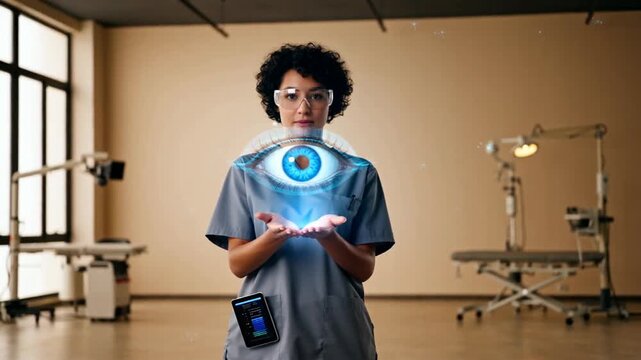 Medical professional displaying a glowing holographic eye illustration while standing in a clinical environment