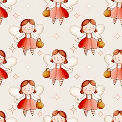 Cute Tooth Fairy Seamless Pattern &ndash; Hand Drawn Kids Illustration