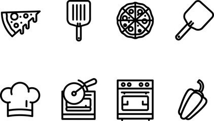 National Pizza Day icon set: pizza, chef hat, oven, and cooking tools