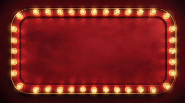 Rectangular retro marquee sign with illuminated bulbs on red background.