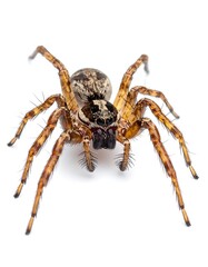A brown and tan spider with striped legs and a patterned body, displayed against a plain white background