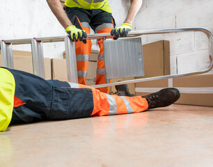 Male body lying on the floor after a work accident.Fallen ladder.Request help from co-workers