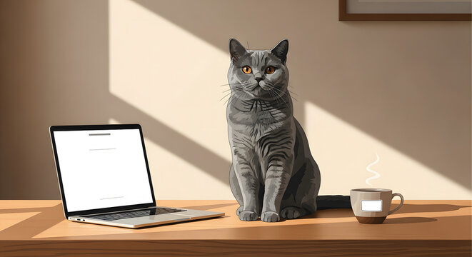 British Shorthair cat sitting on a desk next to a laptop and cof