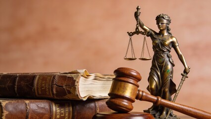 Statue Of Lady Justice Highlights Legal History And Solemnity, Bronze Lady Justice Figure Surrounded By Law Books And Gavel Exemplifies Judicial Sovereignty And Tradition