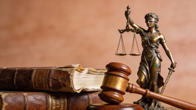 Statue Of Lady Justice Highlights Legal History And Solemnity, Bronze Lady Justice Figure Surrounded By Law Books And Gavel Exemplifies Judicial Sovereignty And Tradition