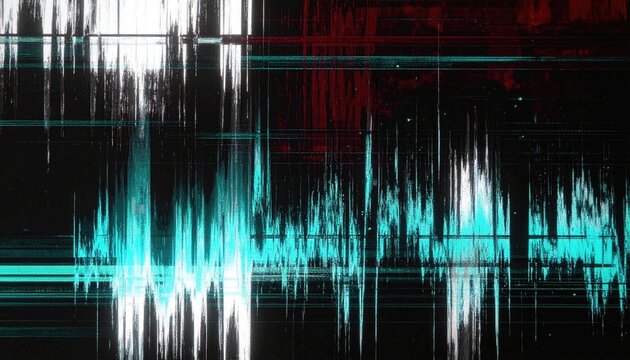 Abstract digital artwork with vibrant cyan, white, and red glitchy vertical lines