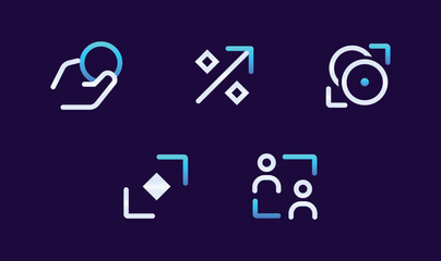 Modern neon gradient icon set. Fintech apps, UI dashboards, and digital marketing. Ppayment hand, discount percent, camera refresh, focus tool, and teamwork symbol. Clean minimal vector style branding