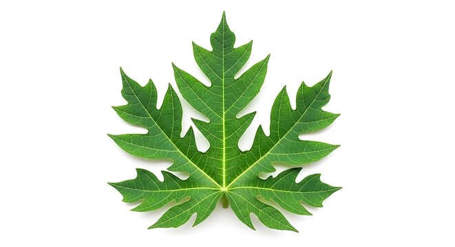 A vibrant green papaya leaf with jagged edges and pointed tips, captured from a top-down viewpoint