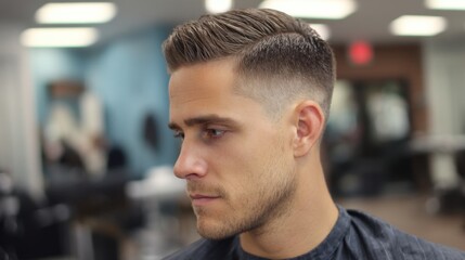Young caucasian male with stylish short haircut in modern barber shop.