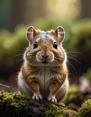 A brown and white striped chipmunk with puffed cheeks sits atop mossy log, blurred forest background