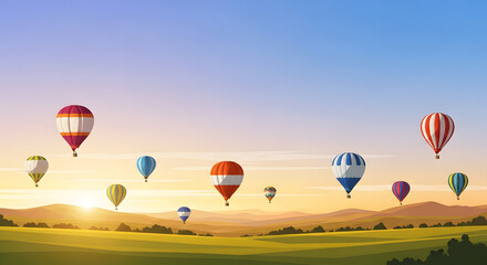 Obraz premium Colorful hot air balloons flying over green fields during sunris