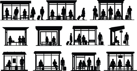 Silhouettes of people waiting at bus stops in varied shelter designs and poses across fifteen public transit scenes