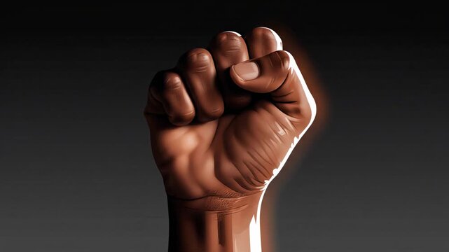 A striking illustration of a powerful African American clenched fist, dramatically lit from behind to create a strong outline against a dark, minimalist gradient background. This iconic image embodies