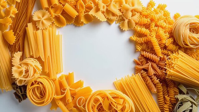 Various types of dry Italian pasta including spaghetti, farfalle, and fusilli arranged in a circular frame on a clean white background with a slow rotating camera video. Traditional Mediterranean