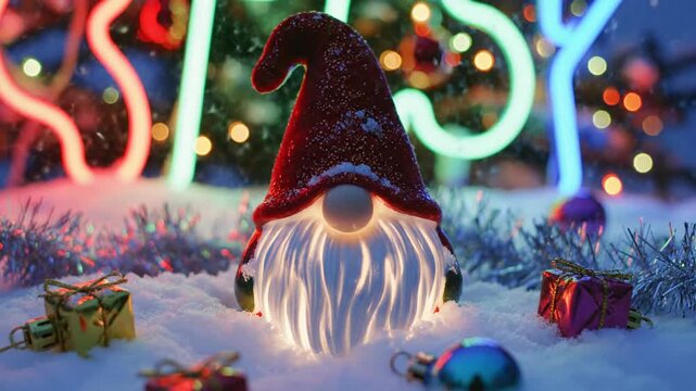 Whimsical gnome with red hat and white beard, standing in snow as neon lights glow vividly at night