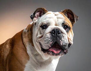 Fototapeta premium A close up shows an English Bulldog with white and brown fur against a blurred tan and gray background
