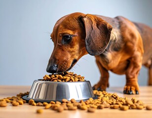 A brown dachshund dog enthusiastically eats kibble from a silver bowl on a wooden table against a gray backdrop