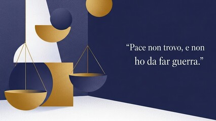 Contemporary artistic illustration with abstract geometric shapes and a quote by Petrarch in royal indigo and antique gold