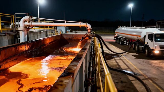 Nightlit scene of heated tallow tanks and loading arms maneuvering to fill tanker trucks illuminated by industrial lighting creating a safe and controlled environment.