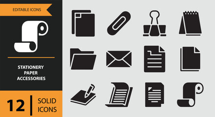 A comprehensive collection of 12 solid editable icons representing essential stationery, paper, and office accessories