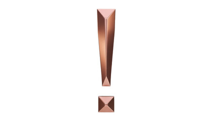 Isolated copper exclamation mark, 3d metallic character, text symbol, attention sign
