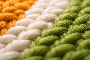 Ultra-close macro shot of woven fabric fibers dyed in saffron white green tones, visible thread texture