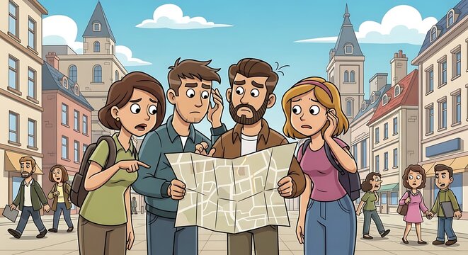 Group of bewildered tourists studying a paper map while standing confused on a city street