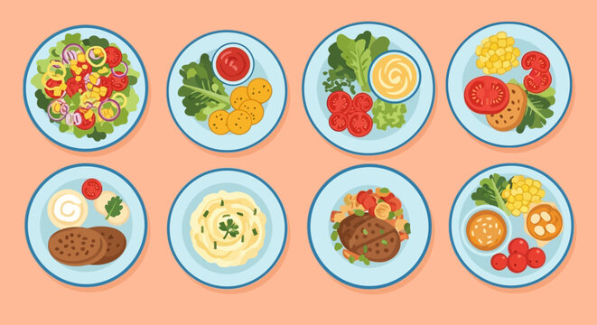 Assorted dishes on plates with various food items.