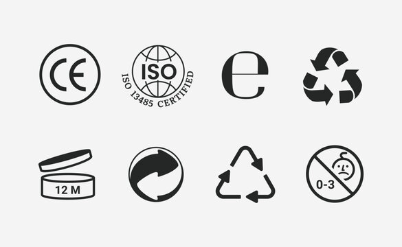 Product symbols, CE icon set. environmental protection. European Conformity certification icon. Product regulation label. EU standard for product. Medical Equipment Certification Icons, ISO Guarantee