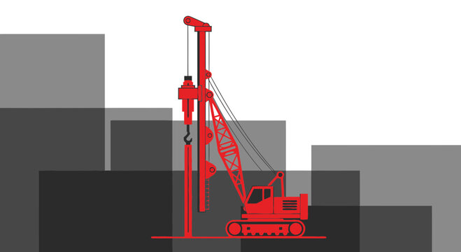 Vibrant Red Industrial Pile Driver Engaging In Deep Foundation Construction