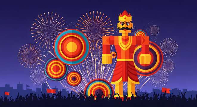 Dussehra festival celebration with Ravana effigy, fireworks, and