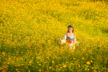 Fototapeta premium Asian cute woman joyful, smiling with flowers garden background.