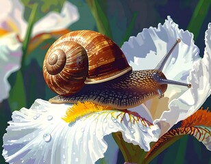 A brown snail crawls on a white iris flower, vector art with bright colors and smooth gradients in the background