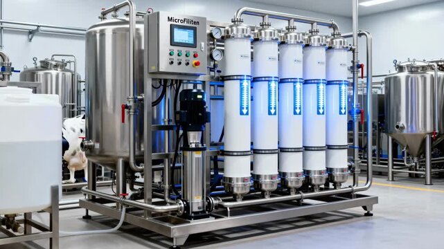 Medium shot of skidmounted microfiltration system compactly installed demonstrating easy integration and effective bacteria removal from milk in a streamlined dairy processing