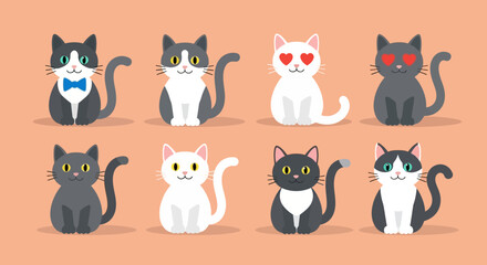 Collection of cartoon cats in various colors and accessories.