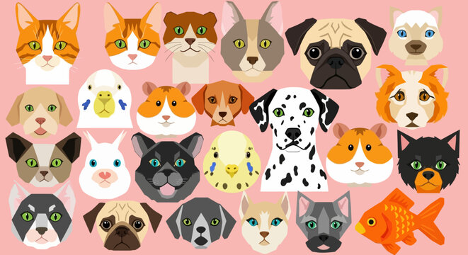 Collection of various cartoon animal faces on pink background.