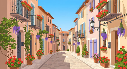Fototapeta premium European village street illustration with colorful houses, balco