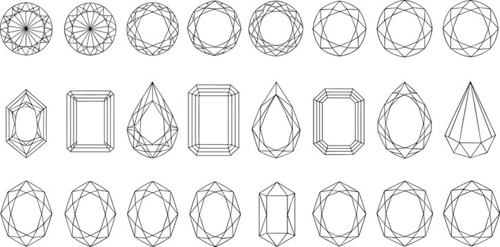 Faceted gemstone outline icon set showing diamond cuts and jewel shapes for luxury branding jewelry design