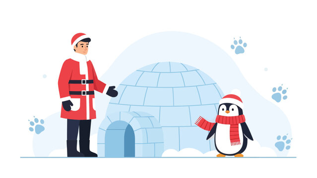 Welcoming Host Shows Iglu To Penguin Wearing Winter Accessories In Snowy Landscape