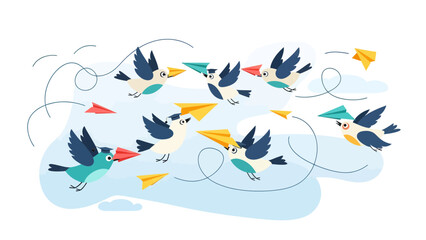 Fototapeta premium Whimsical Avian Aviation Birds Delivering Paper Plane Messages Across Light Blue Sky