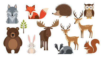Obraz premium Collection of flat design woodland animal icons including a bear, fox, owl, deer, moose, and rabbit arranged on a plain white background.