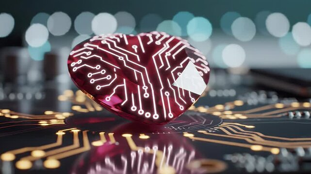 Red Circuit Stone Floating Amid Bright Bokeh Background.
