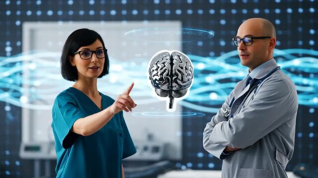 Medical professionals discussing brain health in a futuristic setting with digital graphics and brain visualizations