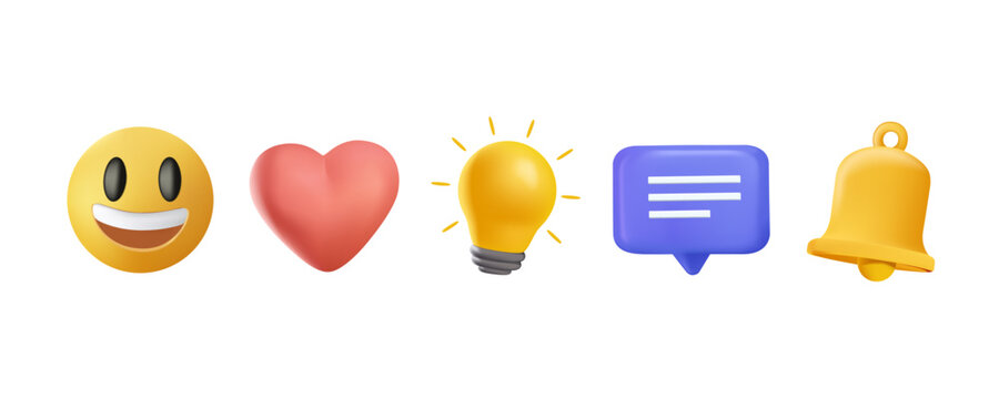 Social media icons 3D illustrations set. Smile, bright light bulb, red heart, notification bell, speech bubble. online social communication applications concept, SMM, digital marketing 3D illustration