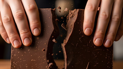 Hands breaking a large dark chocolate bar into pieces
