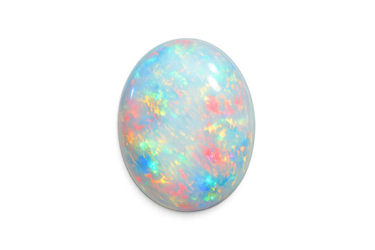Luminous oval white opal gemstone with vibrant rainbow play-of-color against black background