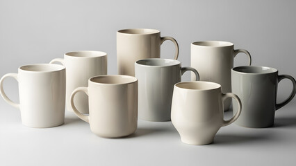 A collection of minimalist ceramic mugs arranged neatly