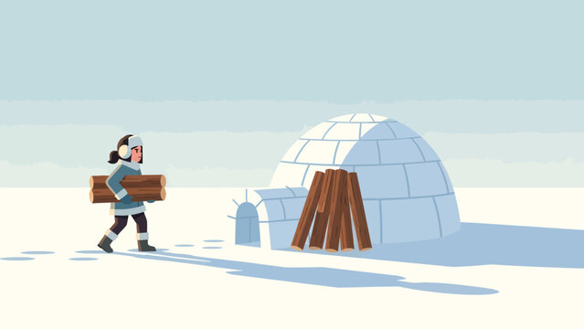 Winter Adventures: Woman Carries Wood To Her Cozy Igloo Home In Snowy Landscape